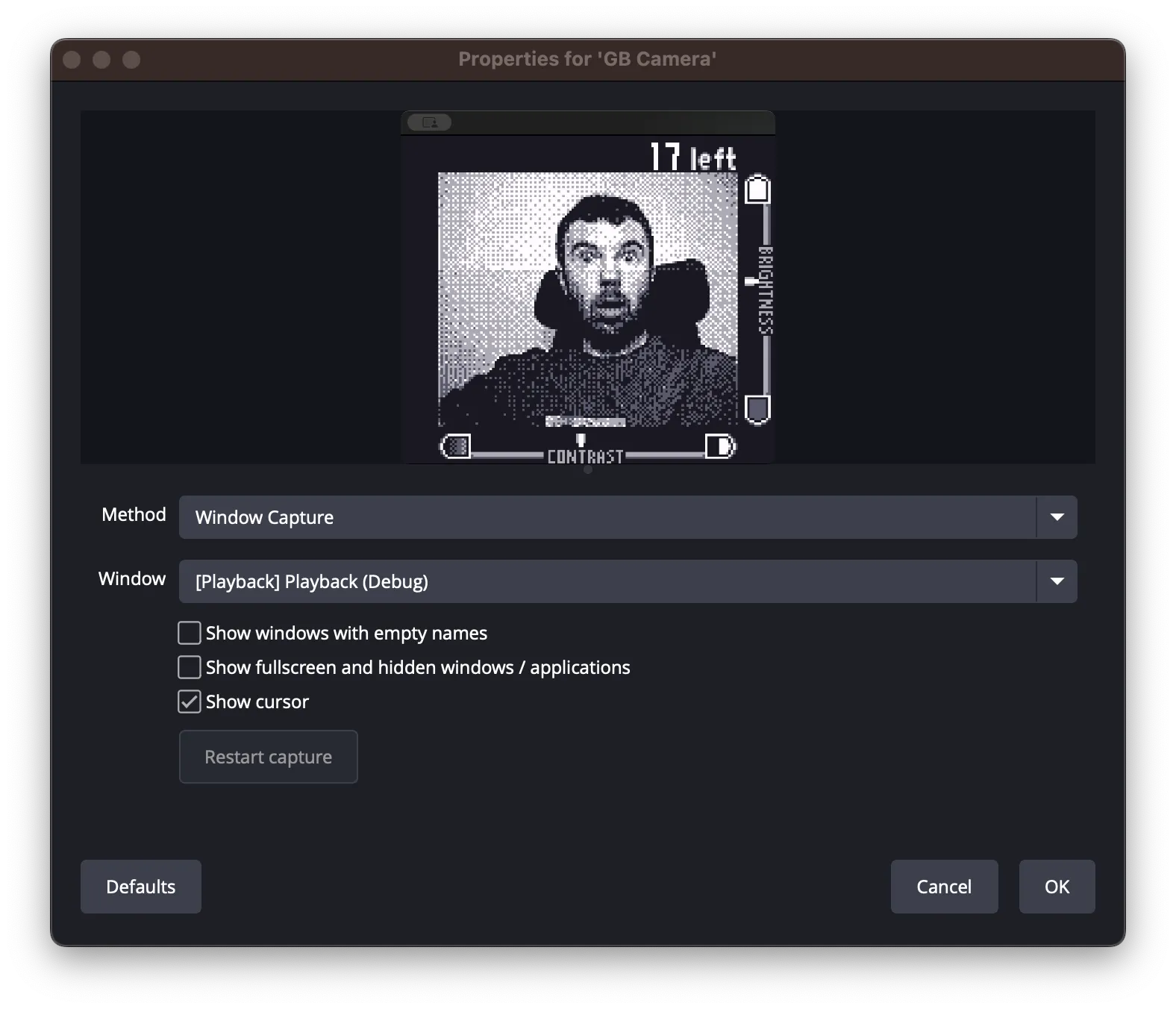 Capture method settings in OBS