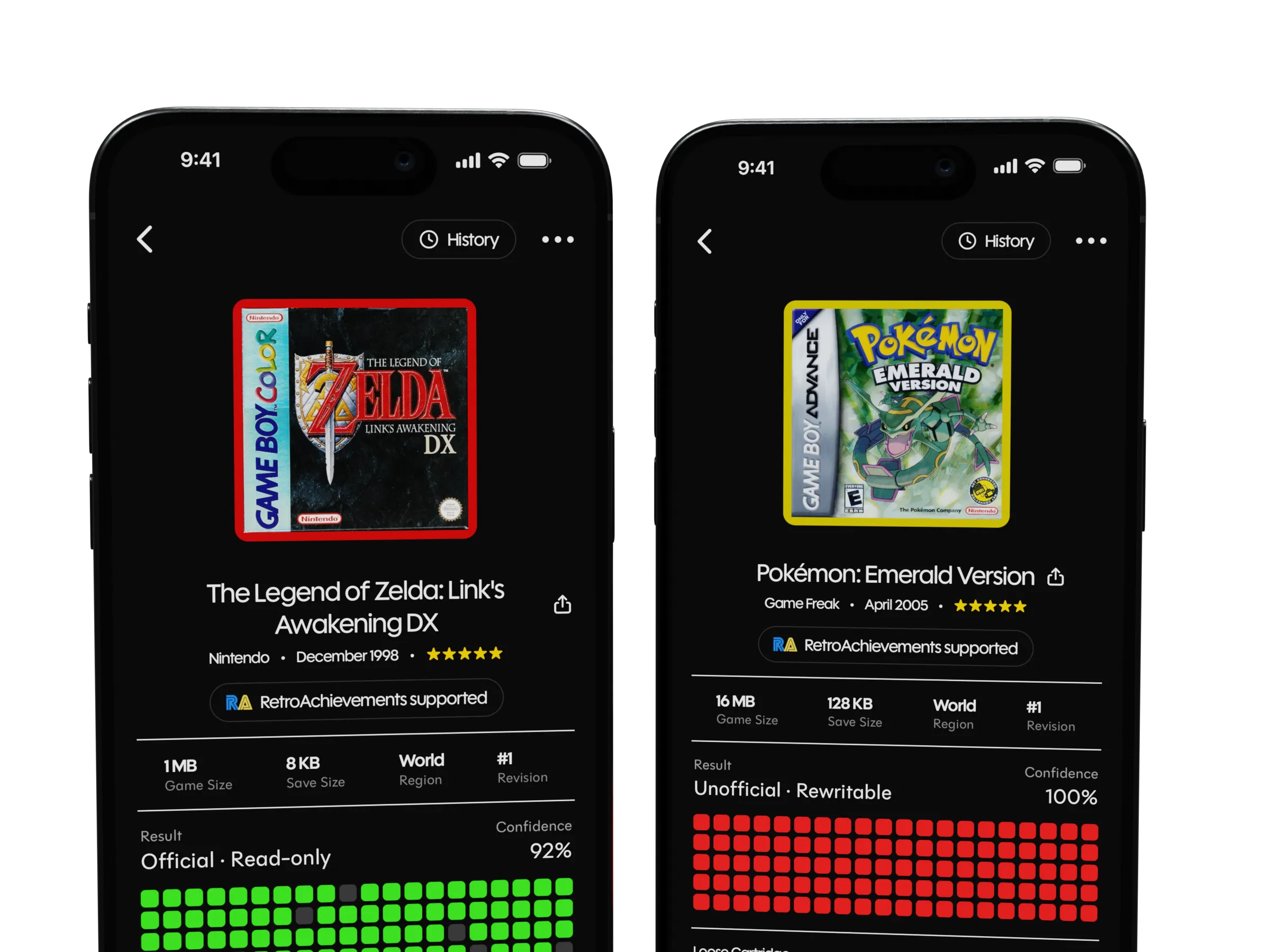 Retrace showing The Legend of Zelda: Link's Awakening DX as official and a Pokémon Emerald reproduction as unofficial