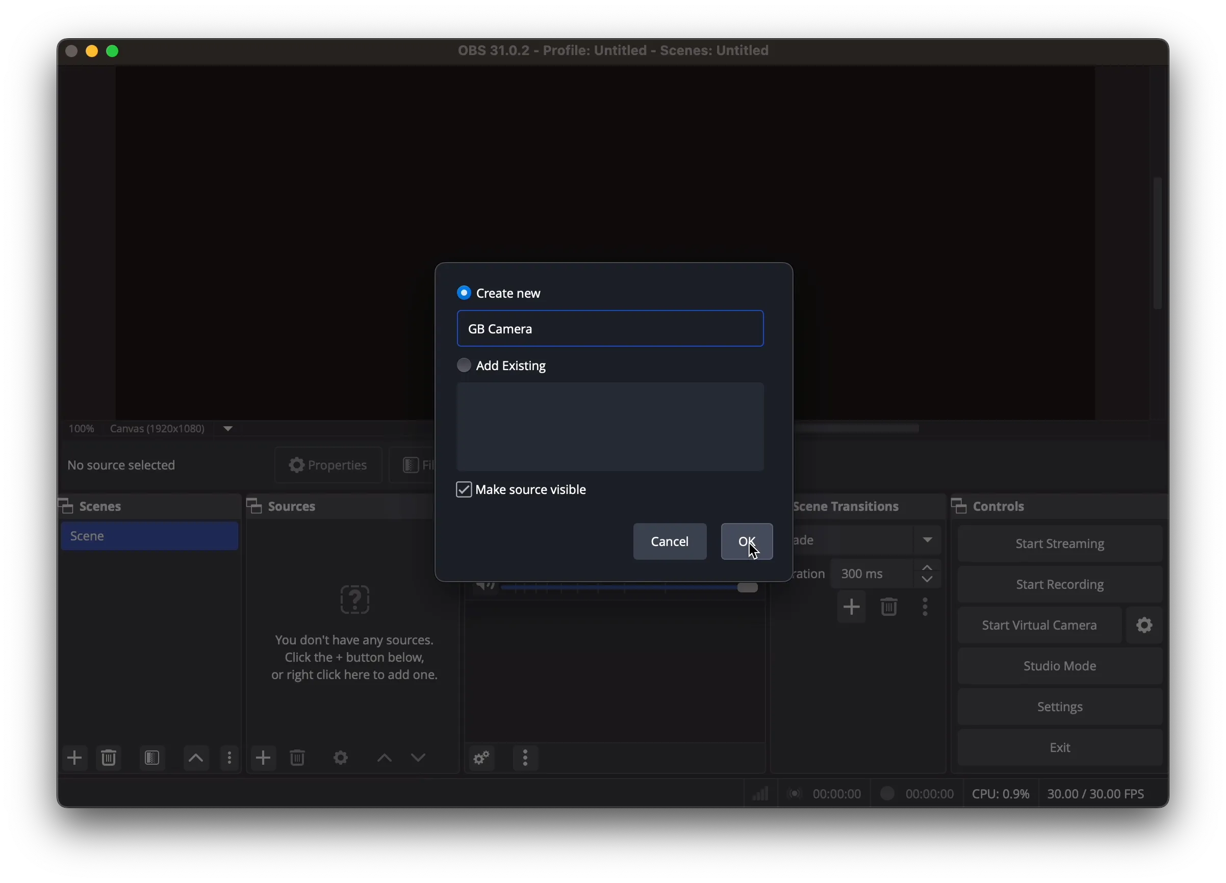 Selecting the Playback window in OBS