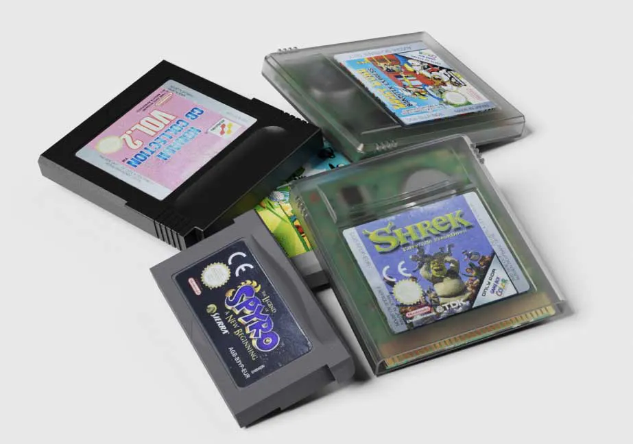 Various Game Boy cartridges showing authentic and counterfeit detection